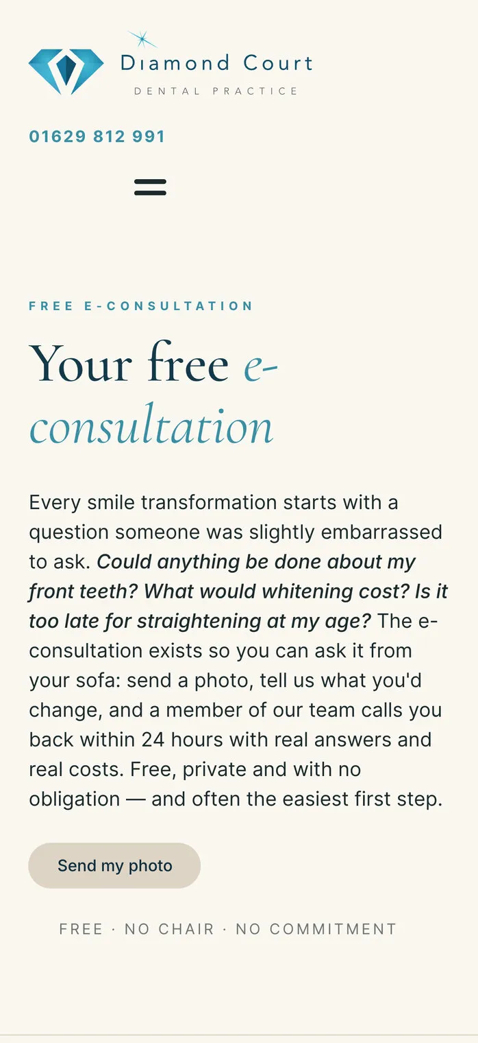 The free e-consultation page on a phone: “Your free e-consultation” and a button to send a photo