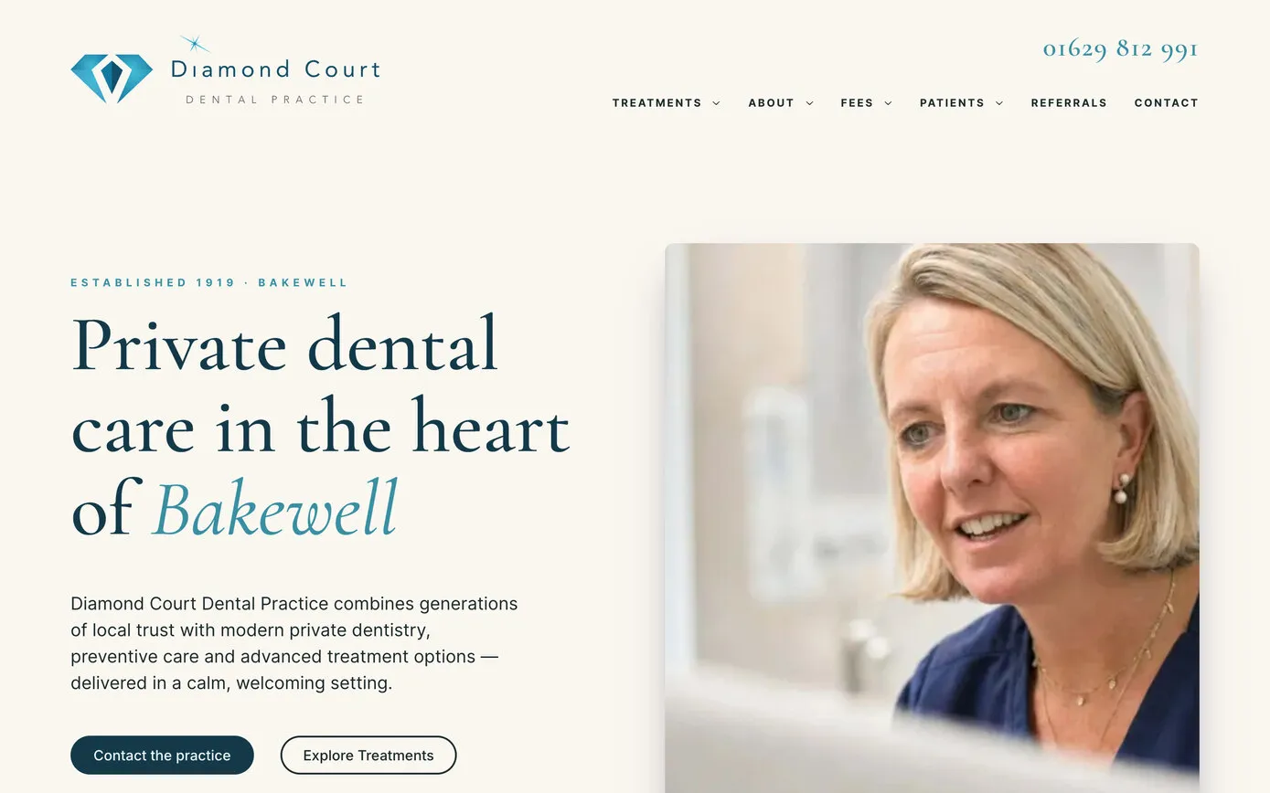 The Diamond Court home page: “Private dental care in the heart of Bakewell”, established 1919