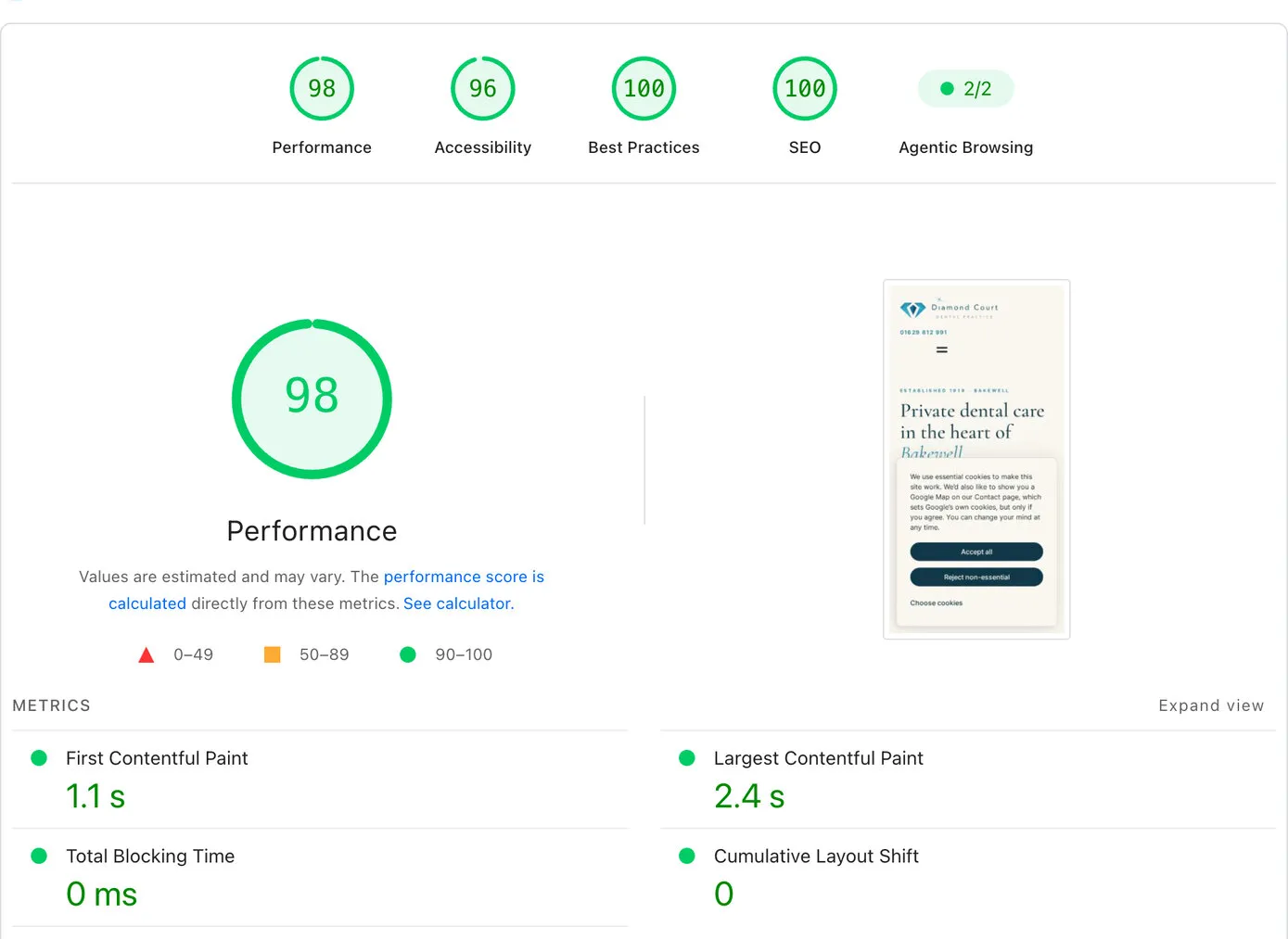 Google PageSpeed Insights for diamondcourtdental.co.uk on a phone: 98 for performance, 96 for accessibility, 100 for best practices and 100 for SEO, a large green 98 gauge, a preview of the home page and the timings