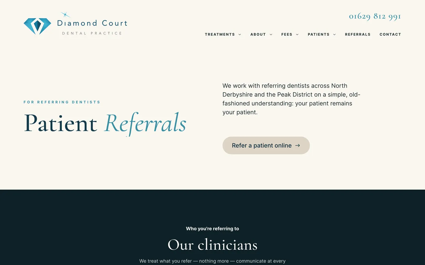 The Patient Referrals page on a computer: “Patient Referrals” for referring dentists, a short introduction and a Refer a patient online button