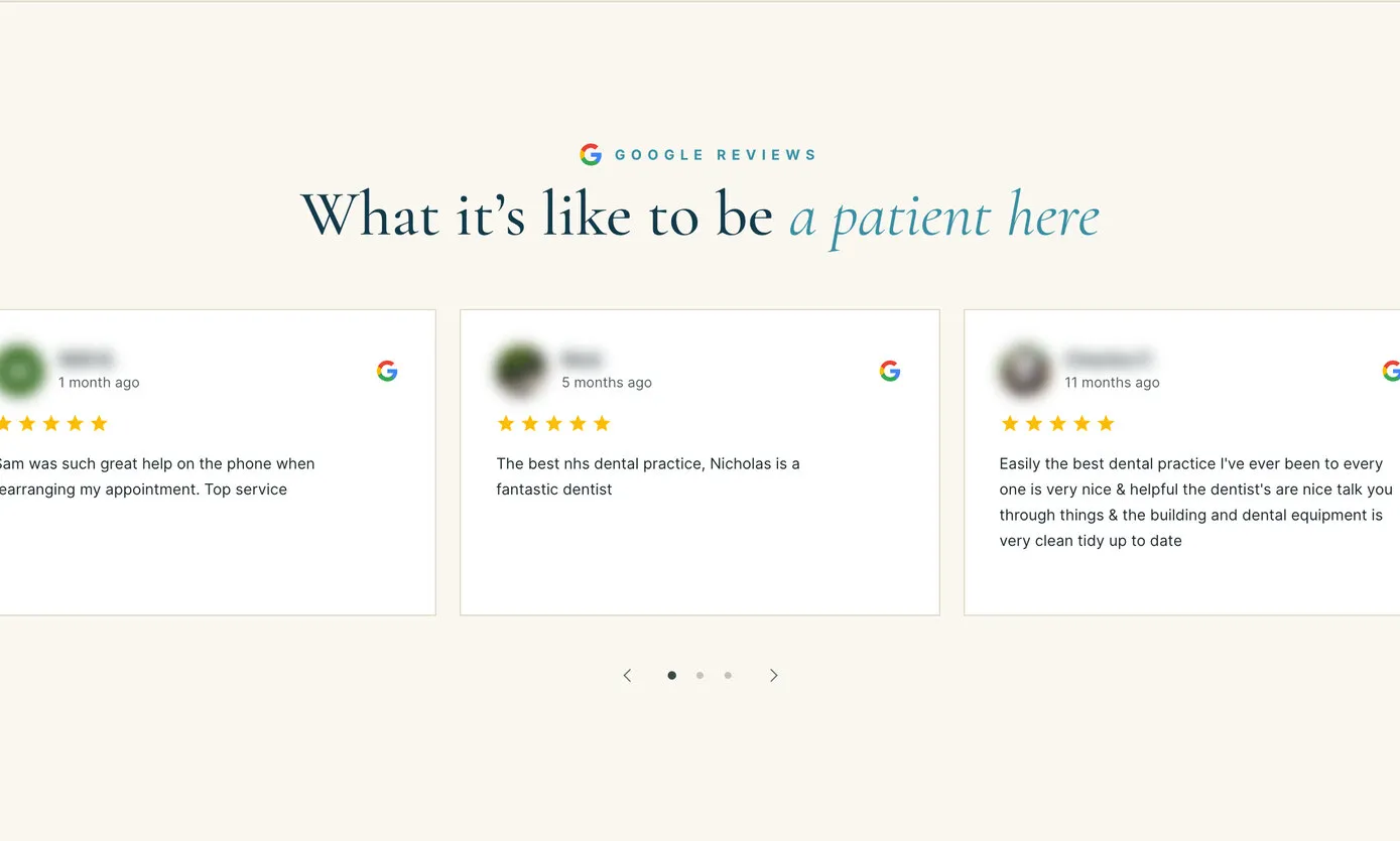 “What it’s like to be a patient here”: a carousel of Google review cards on the New patients page, names blurred