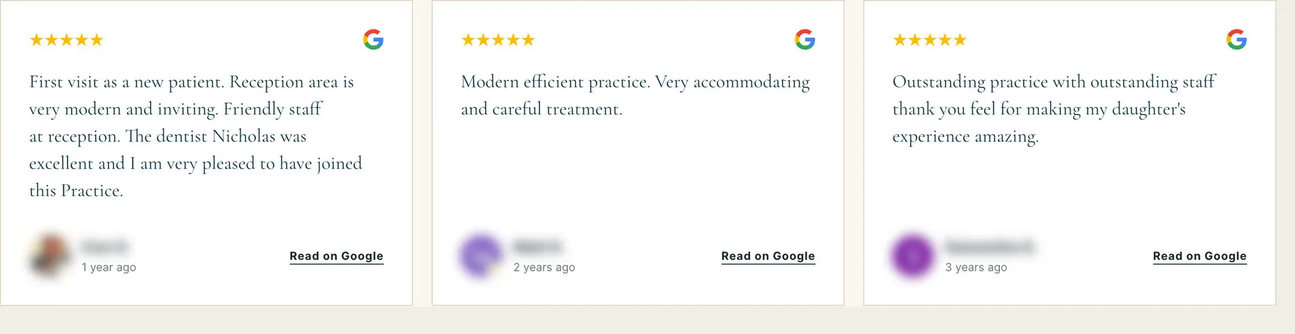 Three more: a first visit as a new patient, a “modern efficient practice” and outstanding staff; names and pictures blurred