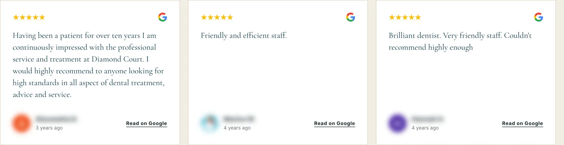 The second row: a patient of more than ten years, “friendly and efficient staff” and a “brilliant dentist”; names and pictures blurred