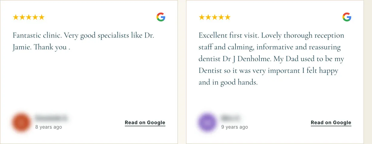 Two more: “very good specialists” and a lovely, thorough first visit; names and pictures blurred