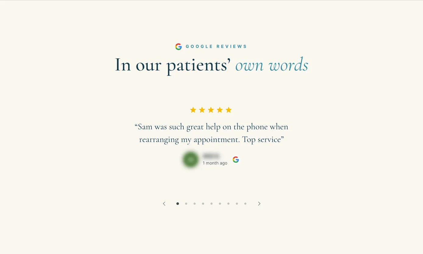 “In our patients’ own words”: one Google review at a time in a spotlight on the About page, the name blurred