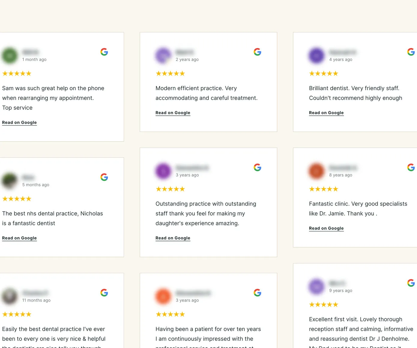 The Google reviews page: a wall of review cards in three columns, reviewers’ names and pictures blurred
