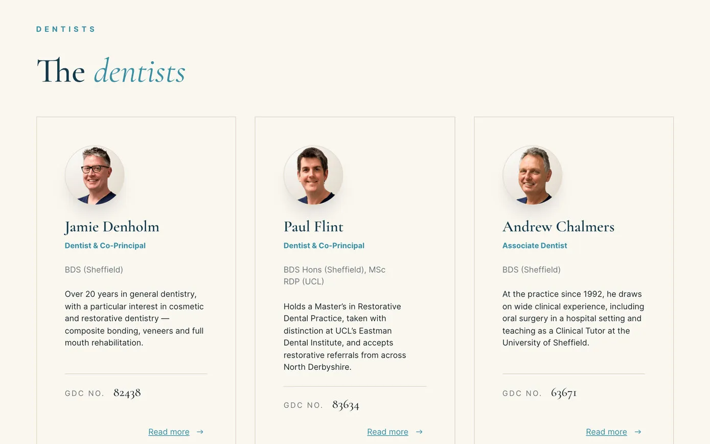 The dentists on the team page: round portraits of Jamie Denholm, Paul Flint and Andrew Chalmers, each with a role, qualifications and GDC number