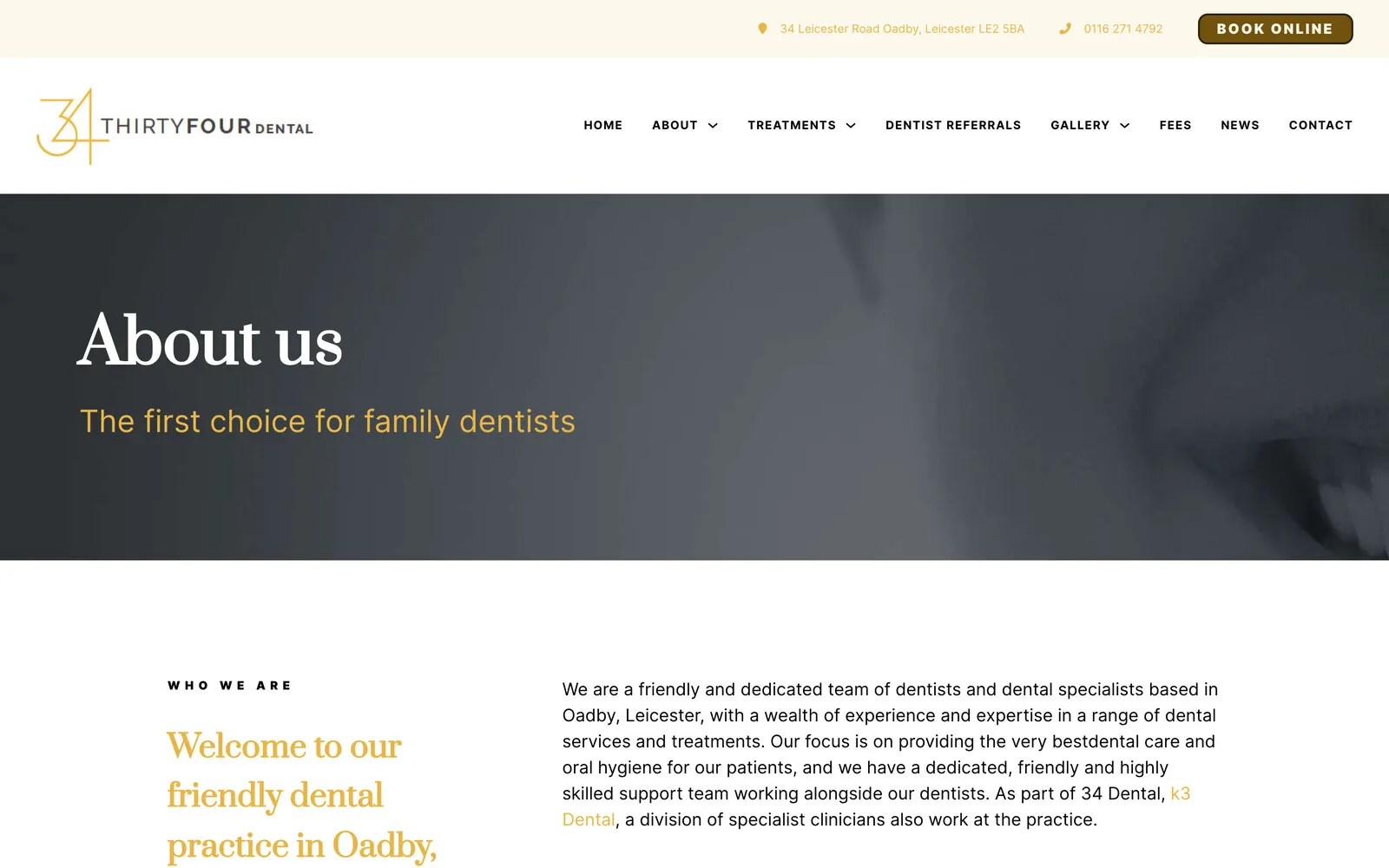 Thirty Four Dental’s About us page: the gold 34 logo and menu above “About us, the first choice for family dentists”