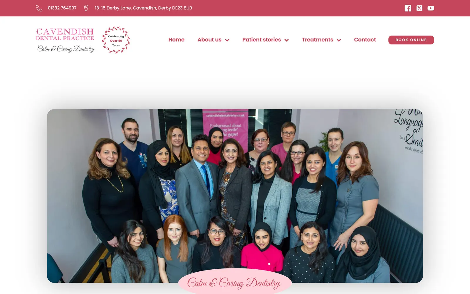 Cavendish Dental Practice’s home page: the logo and menu above a photo of the whole practice team