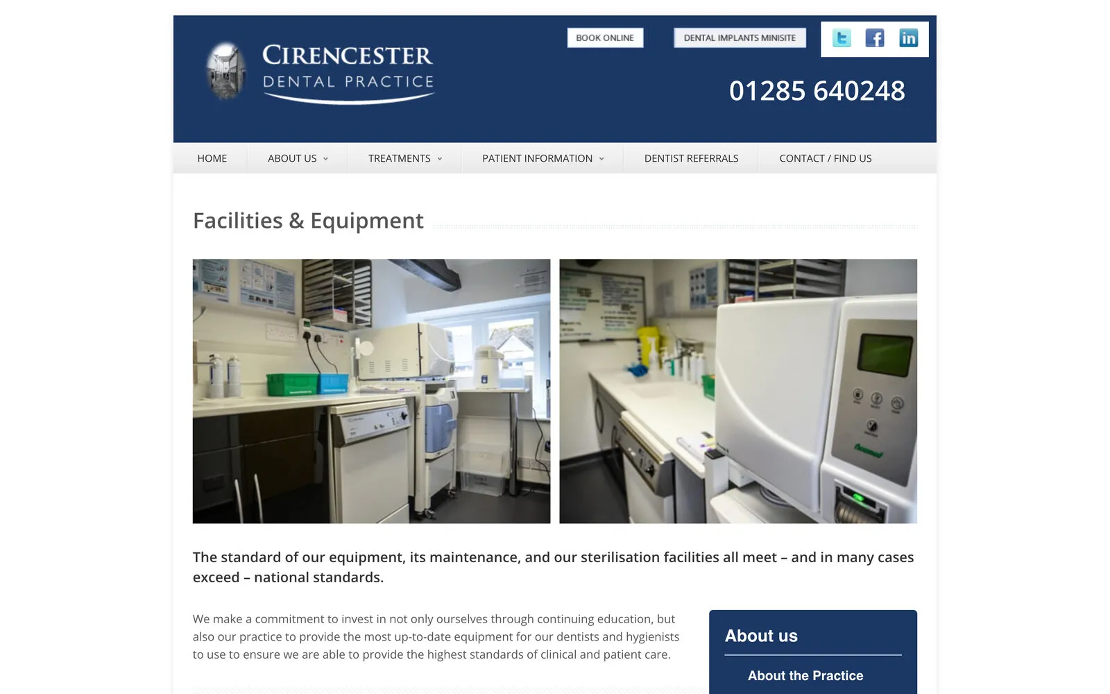 Cirencester Dental Practice’s Facilities and Equipment page: the navy header above photos of the practice’s equipment