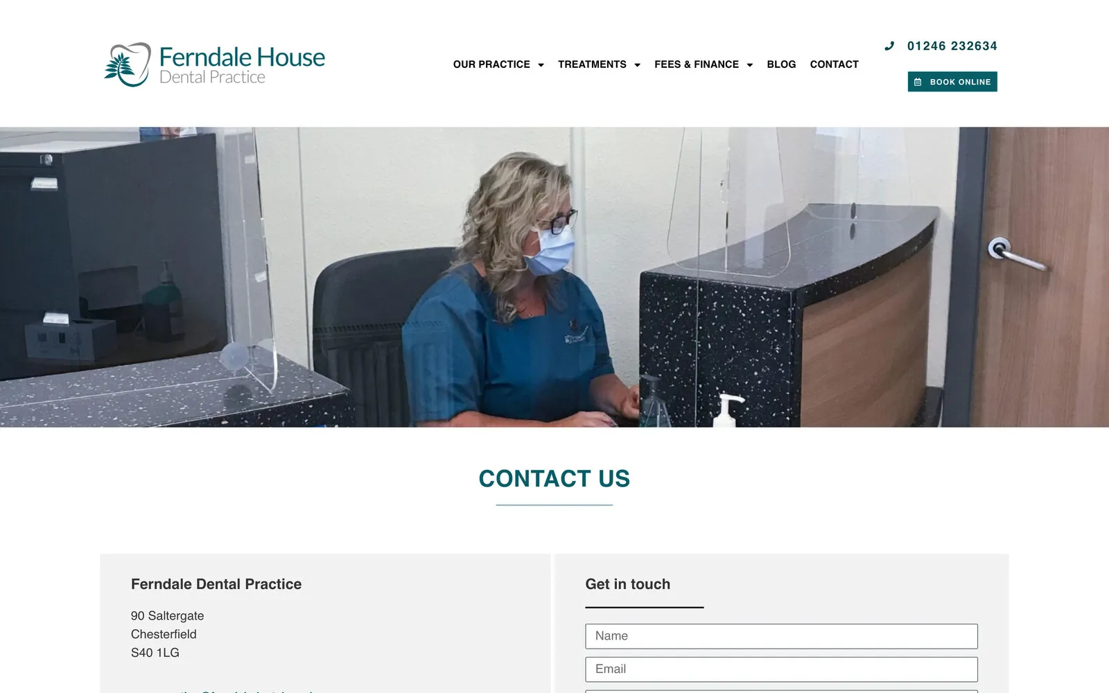 Ferndale House Dental Practice’s contact page: the logo and menu above a photo of reception, with the practice’s address beneath