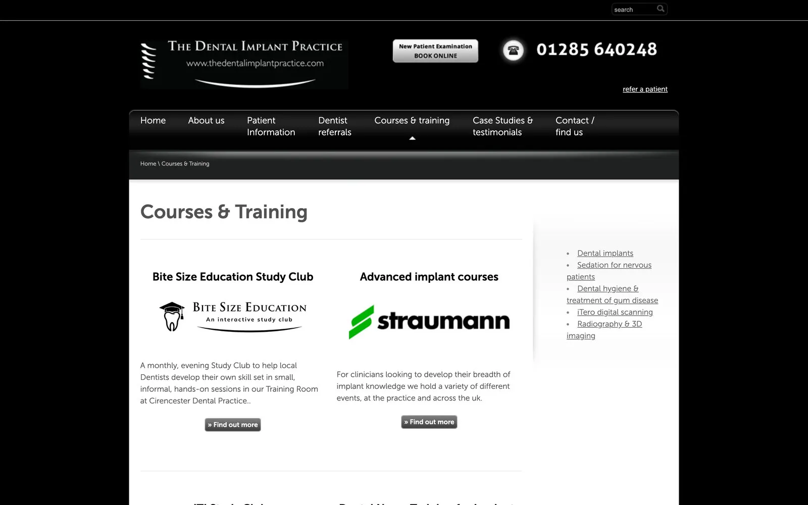 The Dental Implant Practice’s Courses and Training page: the black header above study clubs and implant courses for dentists