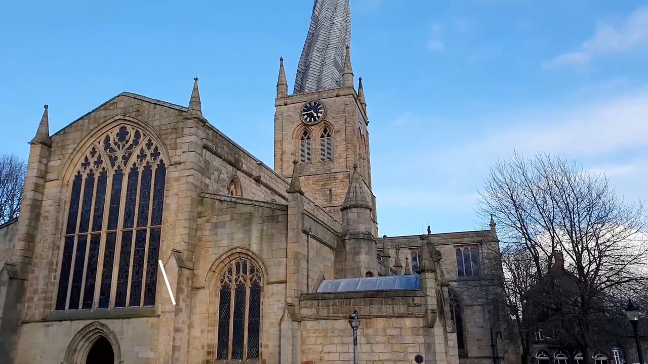 Chesterfield’s crooked spire against a blue sky
