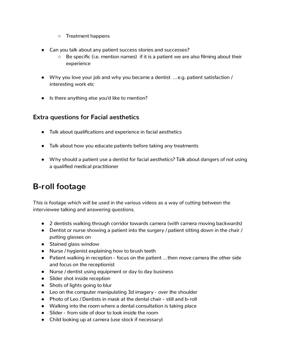 Page eight: extra questions for facial aesthetics, and the b-roll footage list