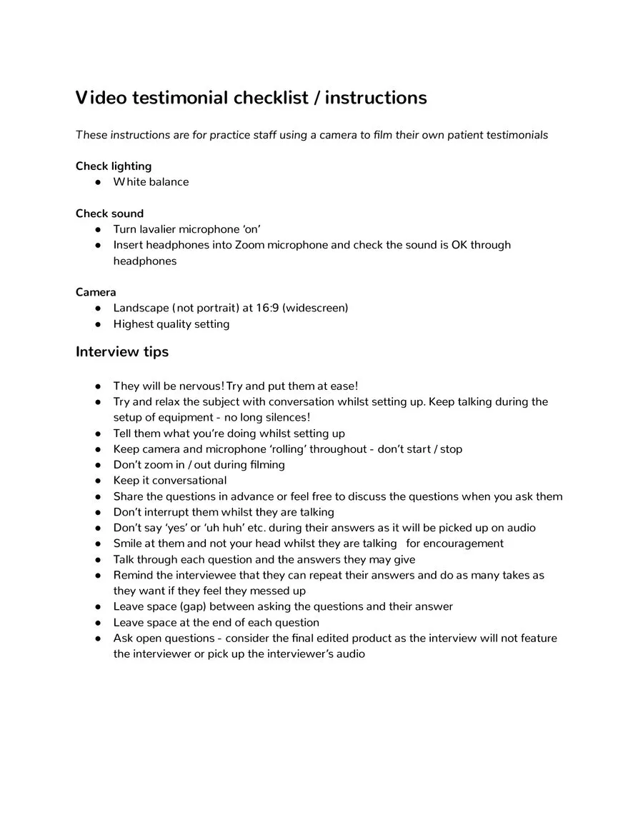 Page twelve: the video testimonial checklist for staff, with lighting, sound, camera and interview tips