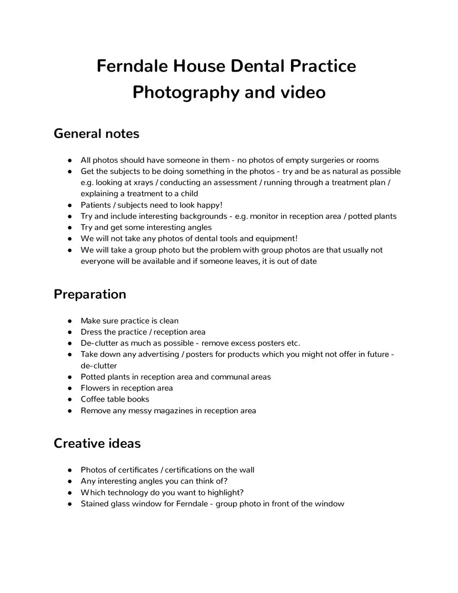 Page one of the plan, “Ferndale House Dental Practice, Photography and video”: general notes, preparation and creative ideas
