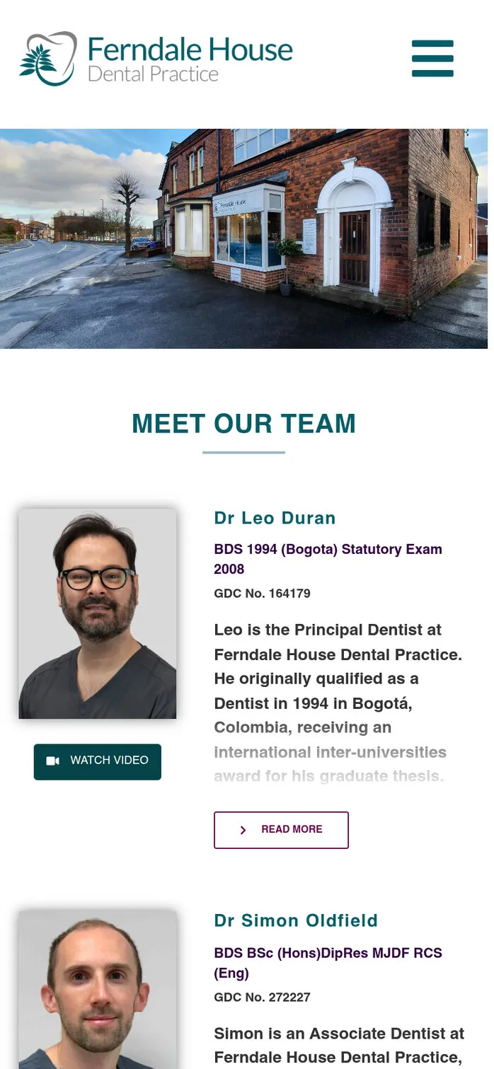 The Ferndale House Meet our team page on a phone, with a Watch video button under Dr Leo Duran’s portrait