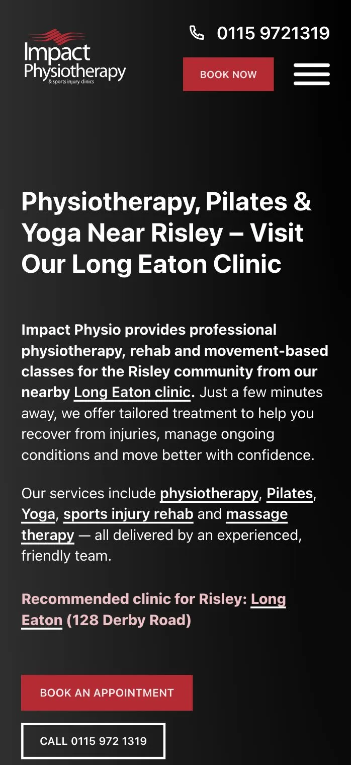 An Impact Physio area page for Risley on a phone, pointing people to the Long Eaton clinic
