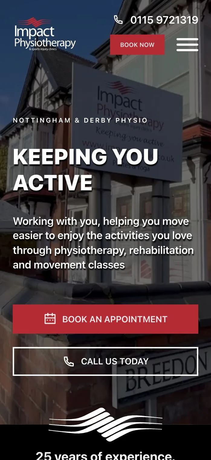 Impact Physio homepage on a phone: “Keeping you active” over a film of the clinic
