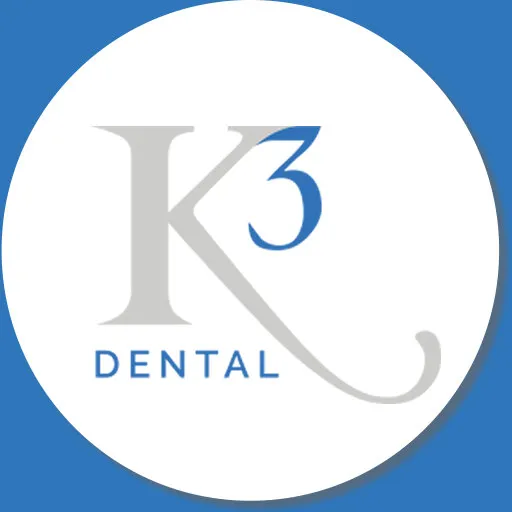 The round badge: the K3 Dental mark in a white circle on K3 blue