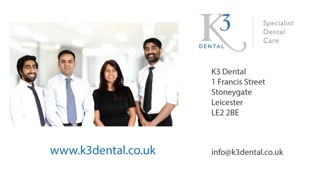 Our end card: the four specialists in shirts and ties beside the K3 Dental lock-up, the 2018 address and www.k3dental.co.uk