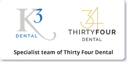 The 2022 lock-up: the K3 Dental mark beside Thirty Four Dental’s gold 34 logo, over “Specialist team of Thirty Four Dental”