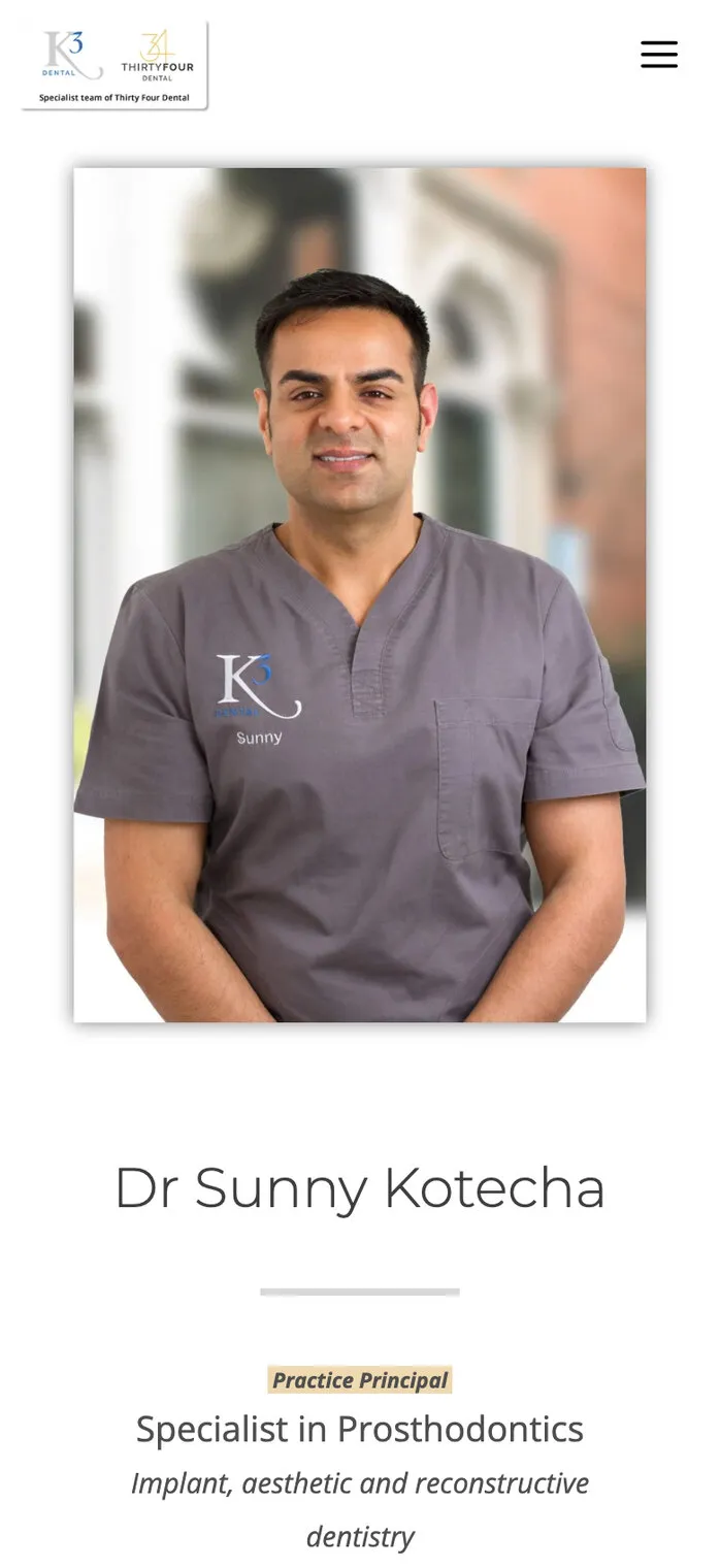 Dr Sunny Kotecha’s profile on a phone: the portrait at the practice, then Practice Principal, Specialist in Prosthodontics