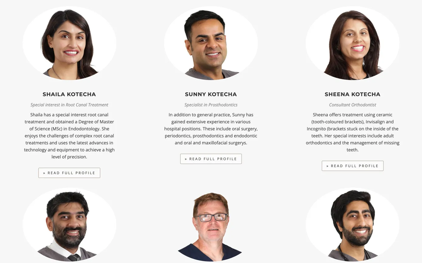The Our Team page: round portraits of Shaila Kotecha, Sunny Kotecha and Sheena Kotecha, each with their title, a short biography and a Read full profile button, and the next row of the team below