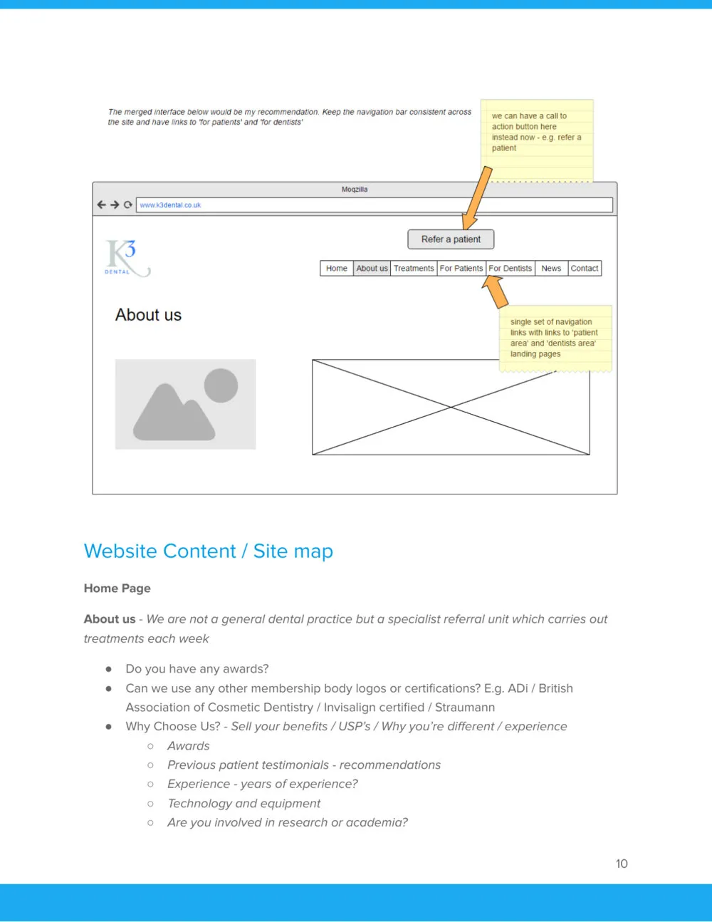 The page after: one merged menu with For Patients and For Dentists in it and a single Refer a patient button, the option we recommended, above the start of the site map