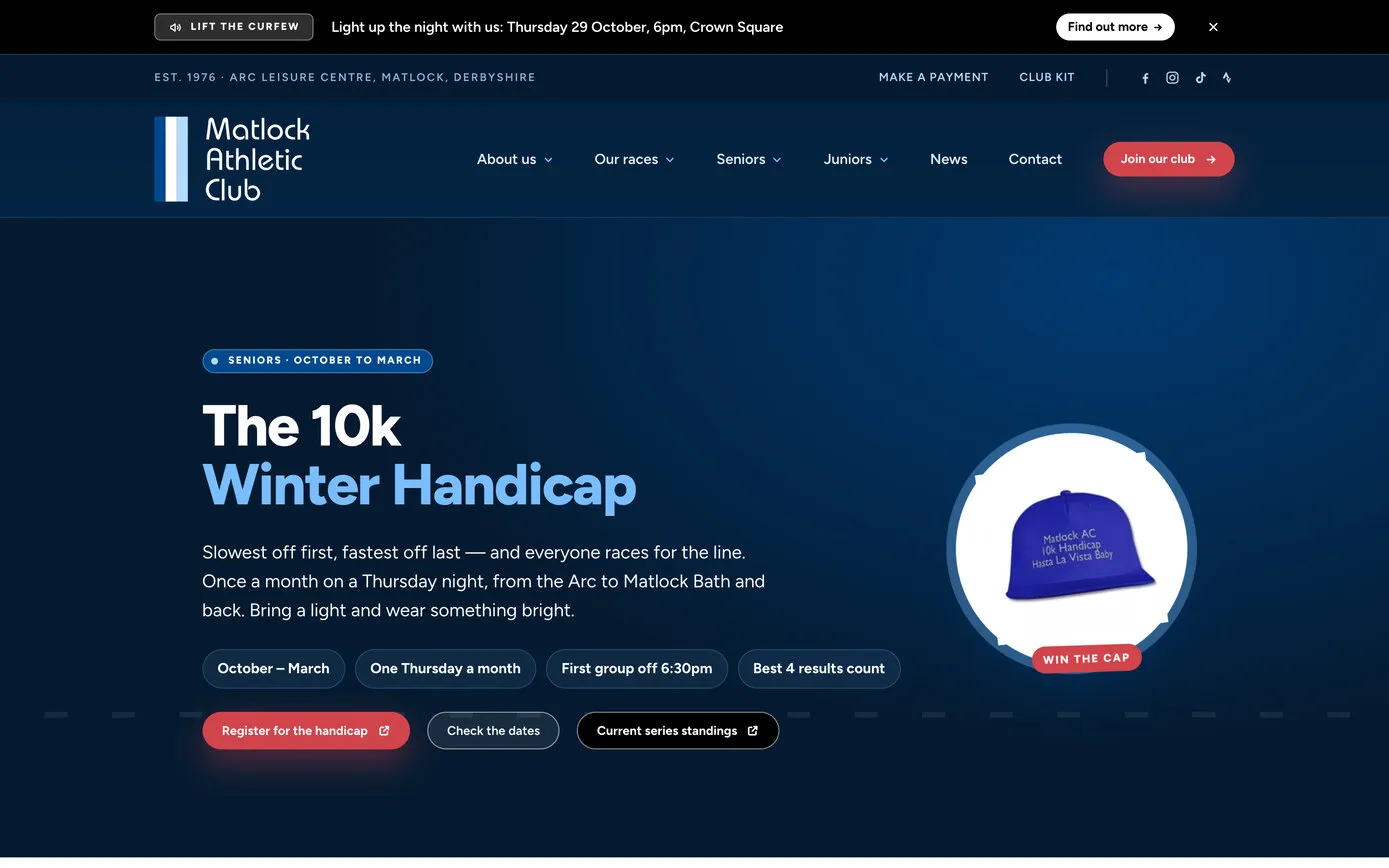 The 10k Winter Handicap page: “Slowest off first, fastest off last, and everyone races for the line”, the season’s key facts as pills, buttons to register, check the dates and see the current standings, and the blue club cap in a white circle with a red Win the cap badge