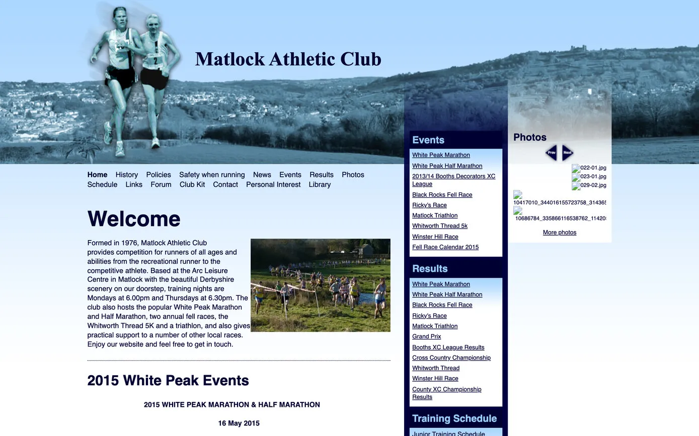 matlockac.org.uk in 2015: two runners above a view of Matlock in the header, a welcome paragraph with a photo of a race, and narrow columns of events, results and photos