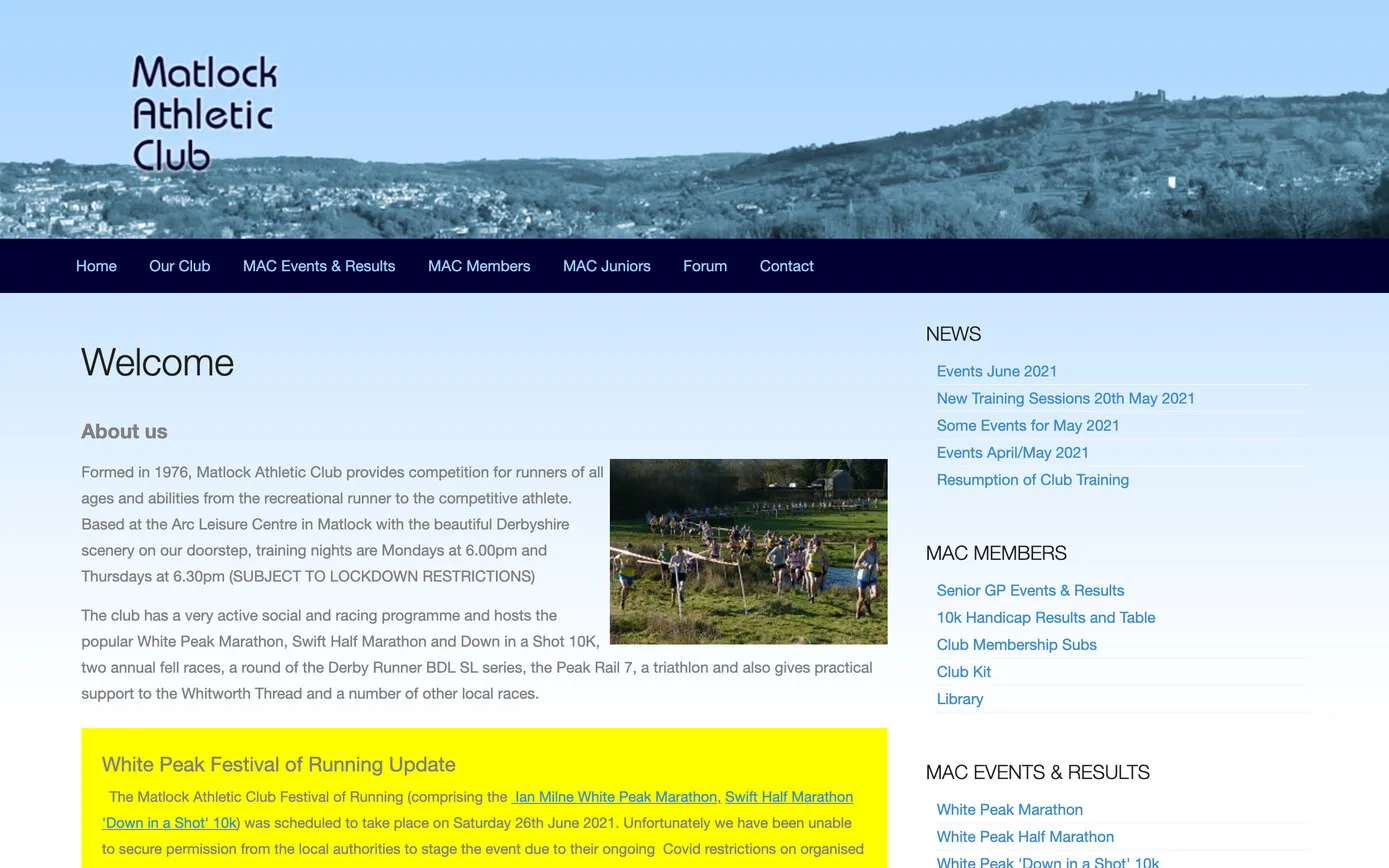 matlockac.org.uk in 2021: the club name over a pale sky header, a welcome paragraph with a photo of runners, a yellow Festival of Running update box and lists of news and event links