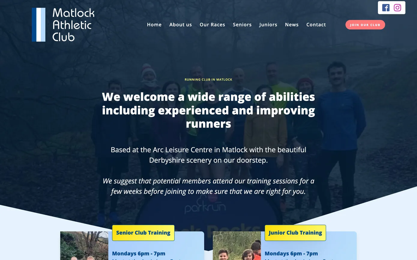 The 2022 site: the club logo and menu over a dimmed photo of members at a parkrun, “We welcome a wide range of abilities including experienced and improving runners”, and yellow labels for senior and junior club training