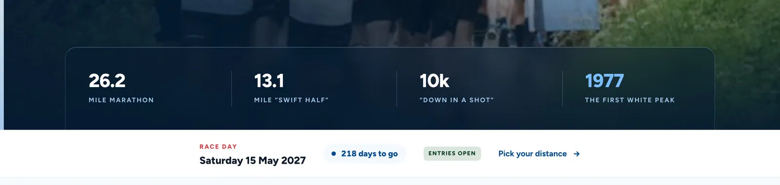 The Festival of Running’s race-day bar: 26.2 mile marathon, 13.1 mile “Swift half”, 10k “Down in a Shot” and 1977, the first White Peak, then Race day Saturday 15 May 2027, 218 days to go, Entries open and Pick your distance