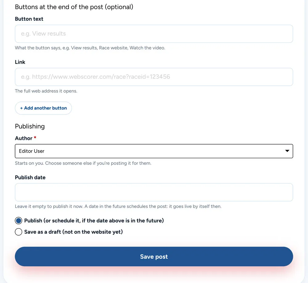 The end of the form: optional buttons for the end of the post, the Author, a Publish date, a choice between publishing and saving as a draft, and a Save post button