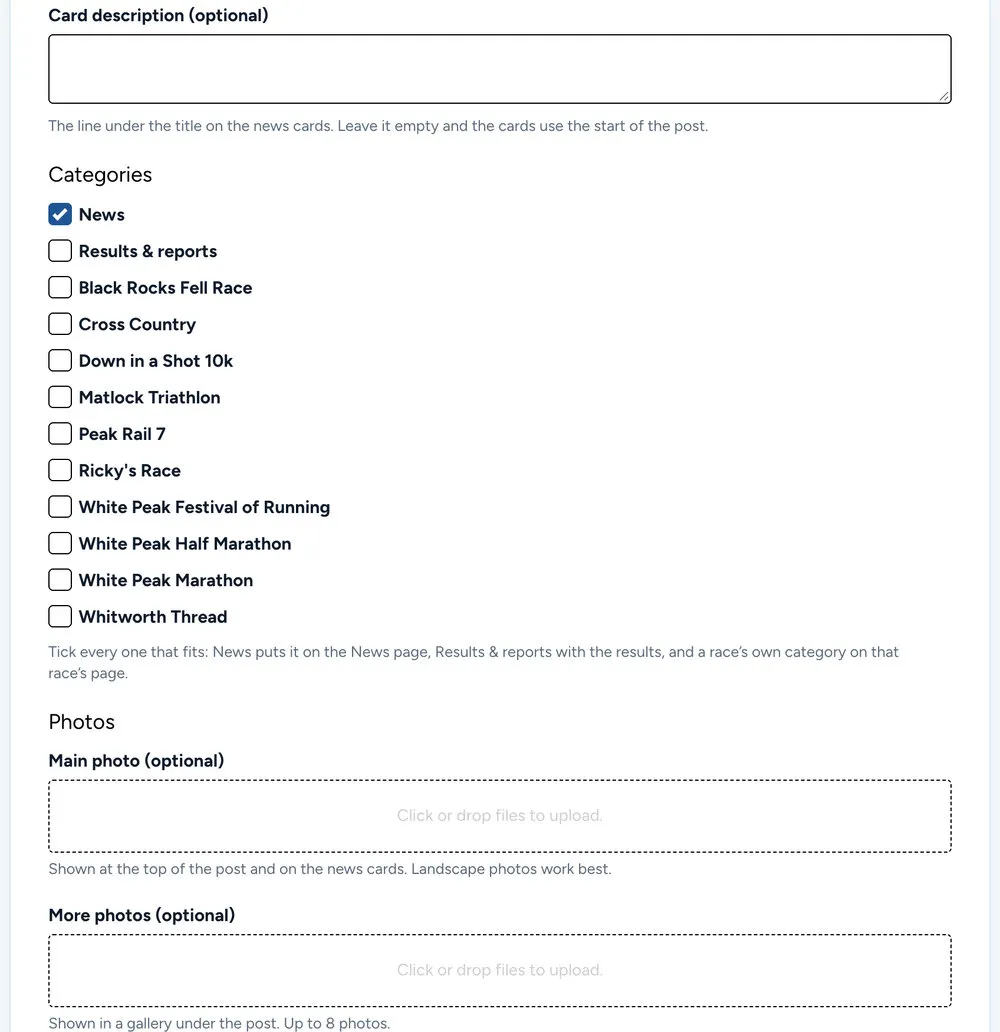The middle of the form: a Card description box, categories to tick from News and Results and reports to each of the club’s races, and boxes for a main photo and up to eight more