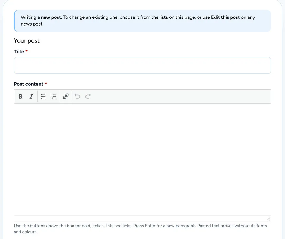 The top of the News editor form: a Title box, and a Post content box with a short toolbar of bold, italic, lists, link, undo and redo