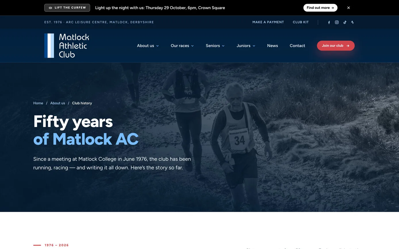 The club history page: “Fifty years of Matlock AC” over a dark photo of runners in a 1980s race, and “Since a meeting at Matlock College in June 1976, the club has been running, racing and writing it all down”