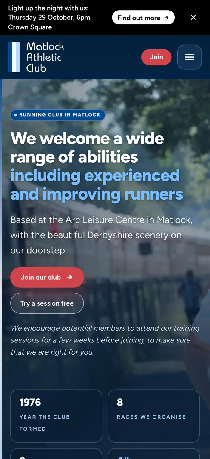 The same homepage on a phone, with the year the club was formed and the number of races it organises below the buttons