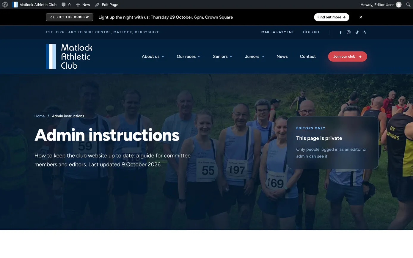 The Admin instructions page: “How to keep the club website up to date: a guide for committee members and editors”, over a photo of club runners, with a box saying the page is private to editors
