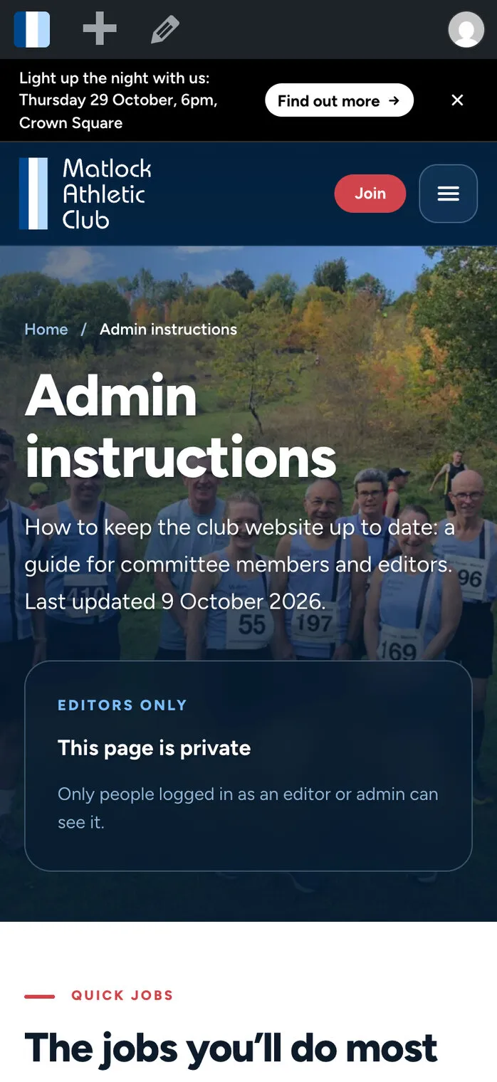 The Admin instructions on a phone, with “The jobs you’ll do most” below the private-page box