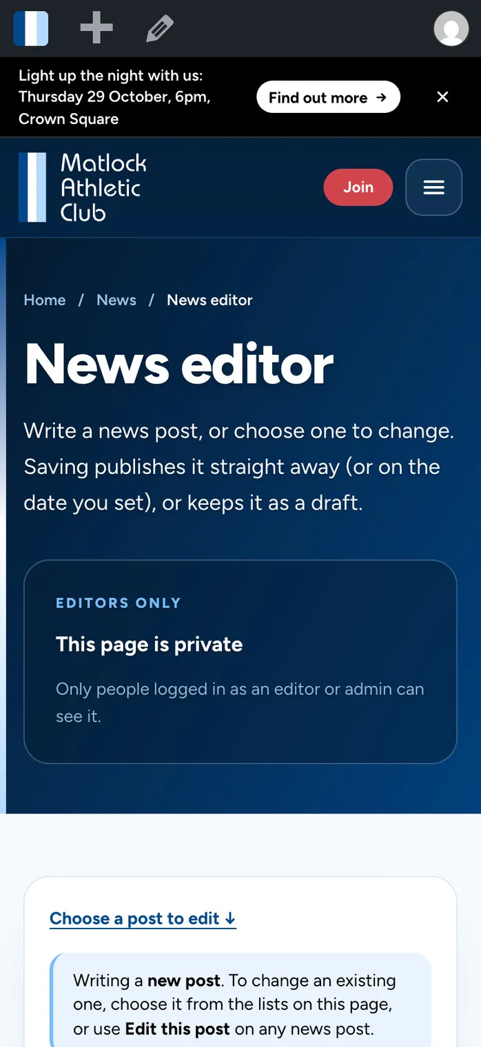 The News editor on a phone, with a link down to the posts that can be edited