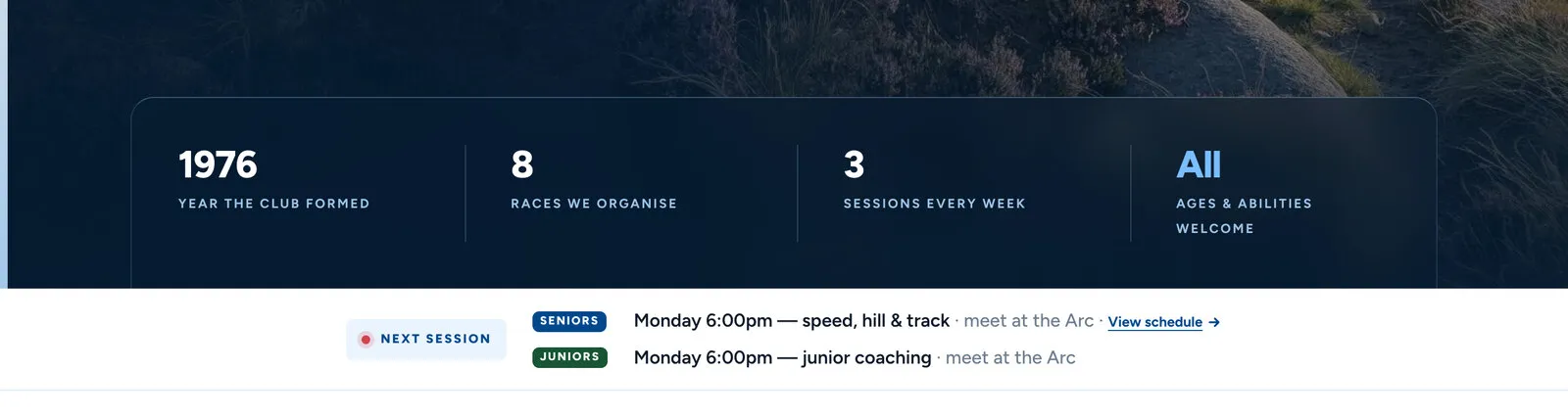 The strip under the home page’s first screen: 1976, the year the club was formed; 8 races we organise; 3 sessions every week; all ages and abilities welcome; and the Next session bar with Monday 6:00pm speed, hill and track for seniors and junior coaching, both meeting at the Arc