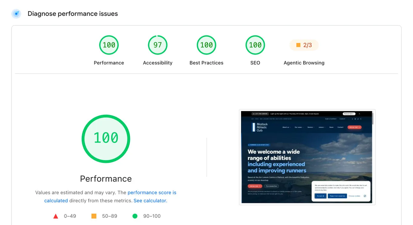 Google PageSpeed Insights for matlockac.org.uk on a computer: 100 for performance, 97 for accessibility, 100 for best practices and 100 for SEO, a large green 100 performance gauge, and a preview of the home page