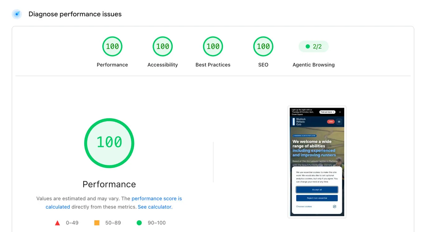 Google PageSpeed Insights for matlockac.org.uk on a phone: 100 for performance, accessibility, best practices and SEO, a large green 100 performance gauge, and a preview of the home page