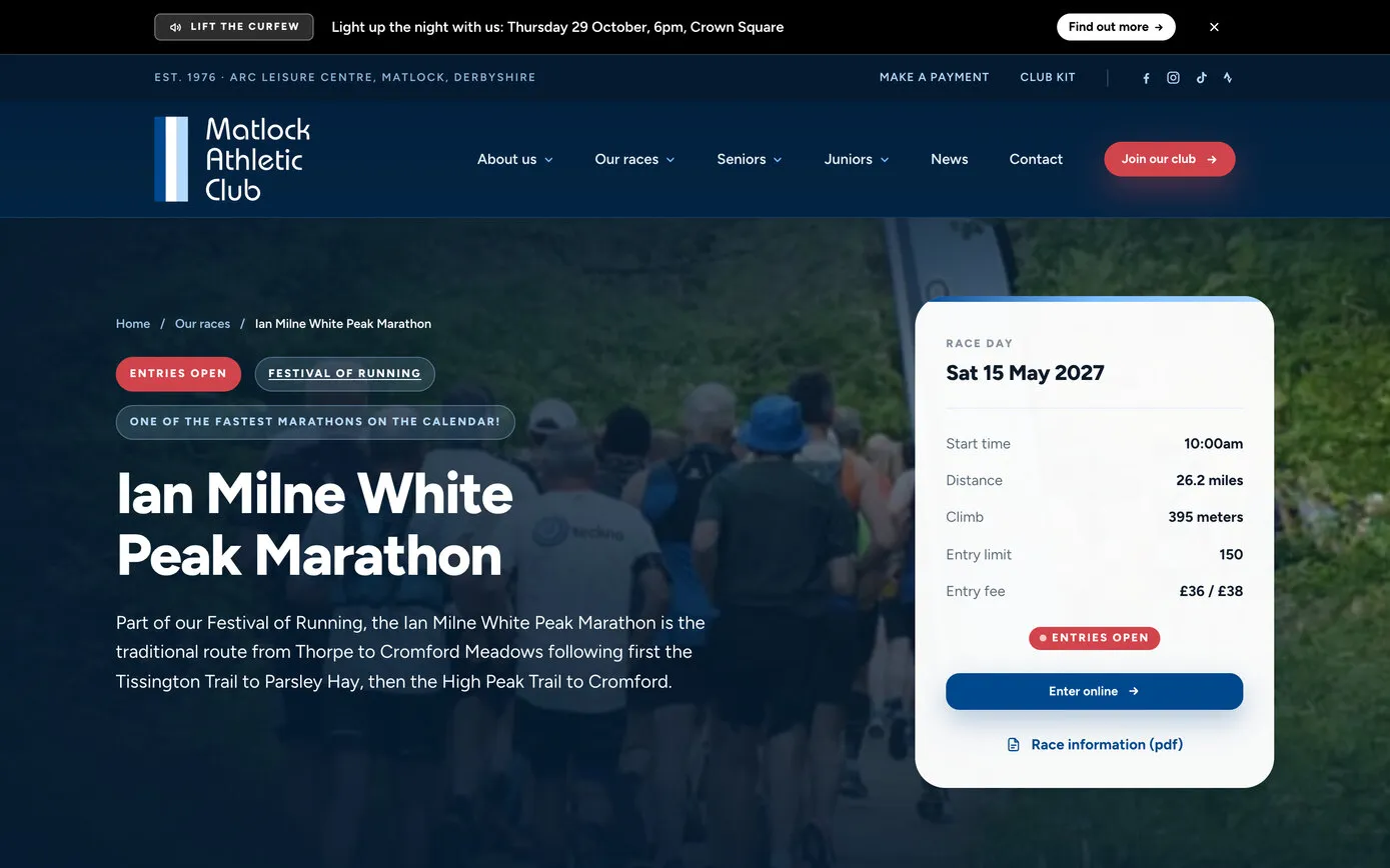 The Ian Milne White Peak Marathon page: “Entries open” and “Festival of Running” labels above the race name, and a white race-day box with the date, start time, distance, climb and entry limit and an “Enter online” button