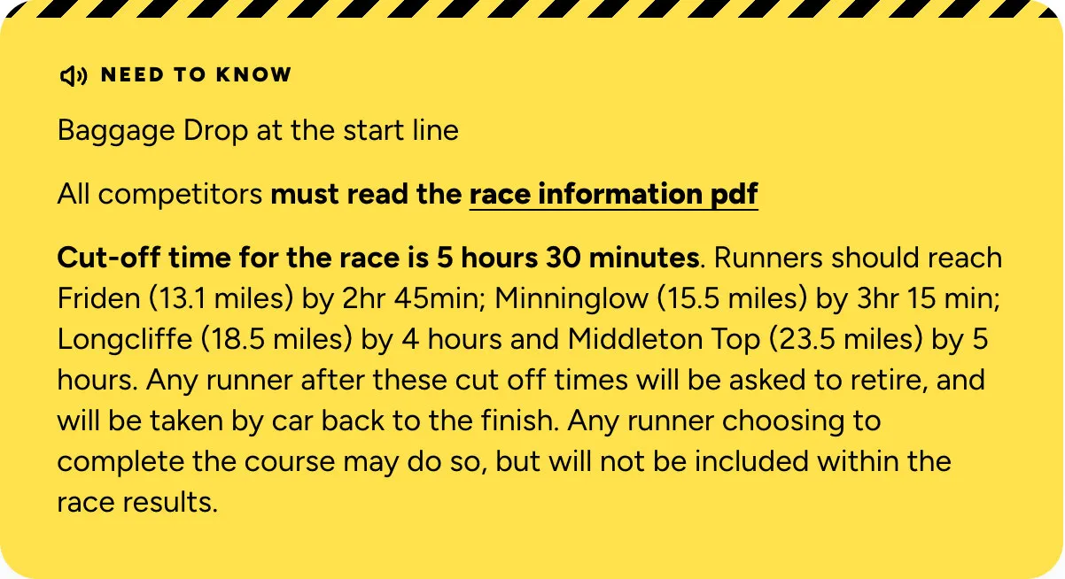 A race page’s Need to know panel, yellow with black and yellow hazard stripes along the top, setting out the marathon’s cut-off times