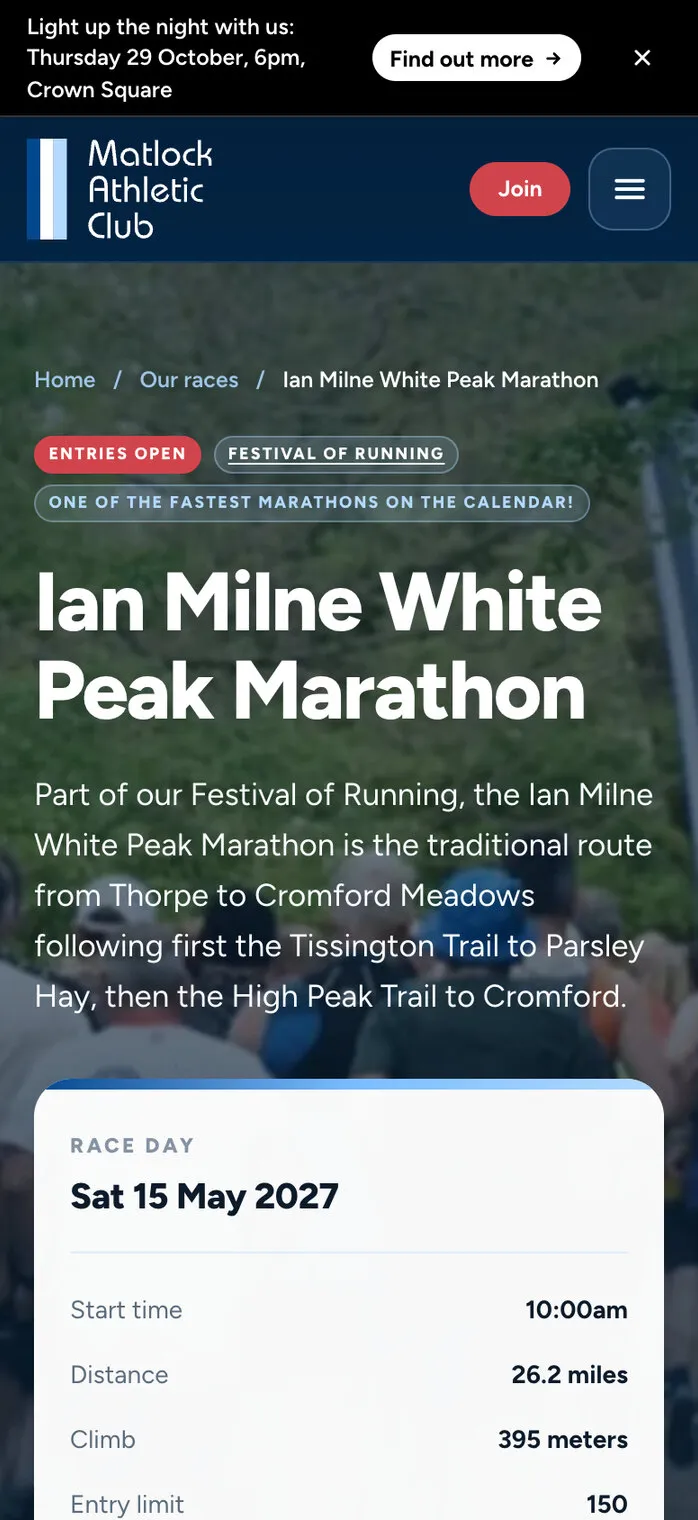 The same race page on a phone, the race-day box under the introduction