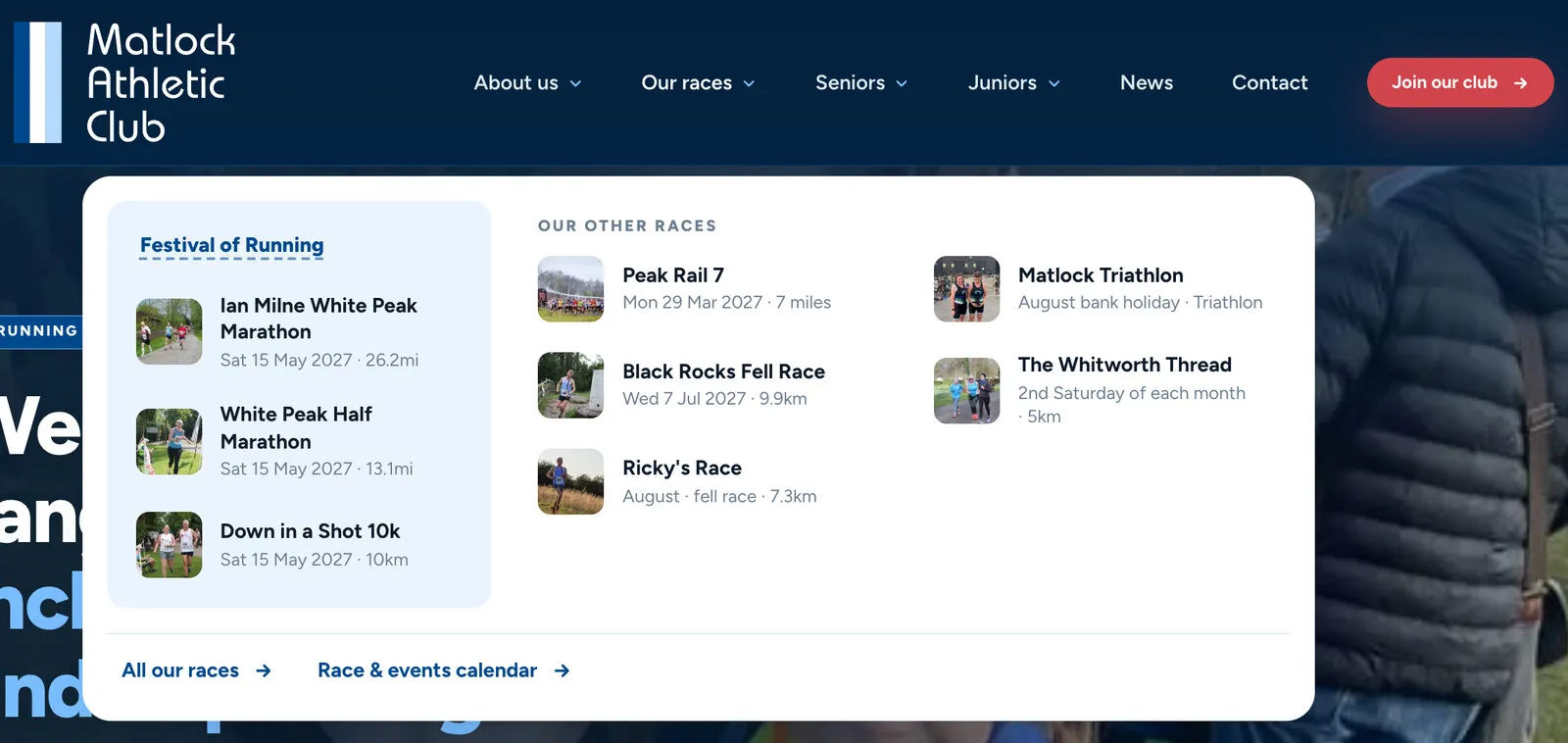The Our races menu open under the club’s header: the three Festival of Running races in a pale blue column, the other five races beside them, each with a small photo and its date and distance, and links to all races and the race and events calendar