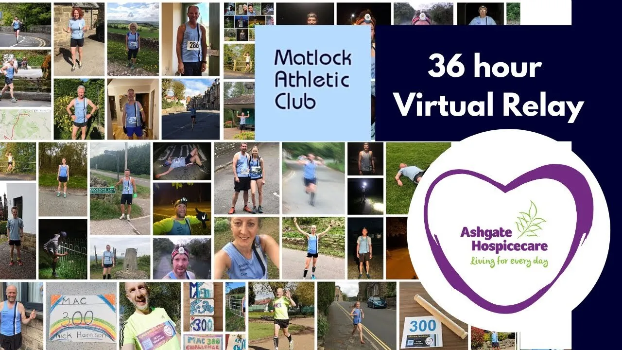 The film’s title card: a collage of members’ photos from the relay, by day and in head torches at night, with “Matlock Athletic Club 36 hour Virtual Relay” and the Ashgate Hospicecare heart